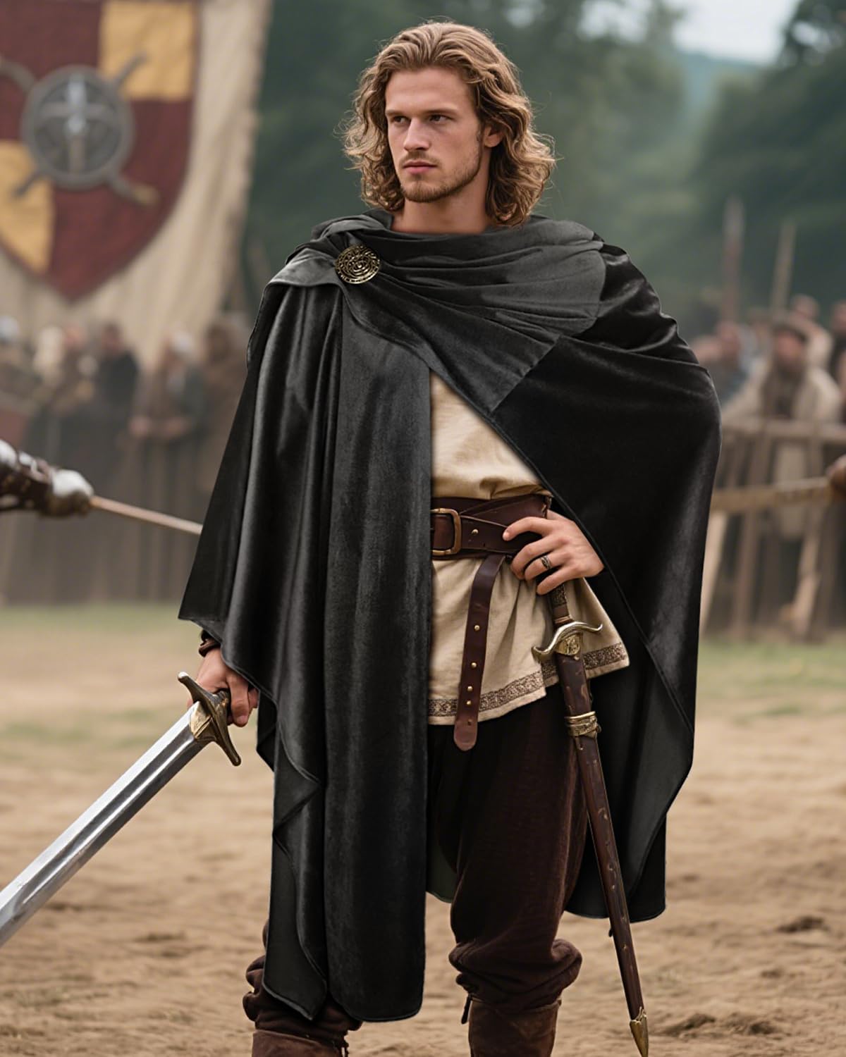 L'VOW Medieval Corduroy Hooded Cloak - Renaissance Hooded Cape with Adjustable Brooch, Halloween Wizard Cosplay Costume - Image 7