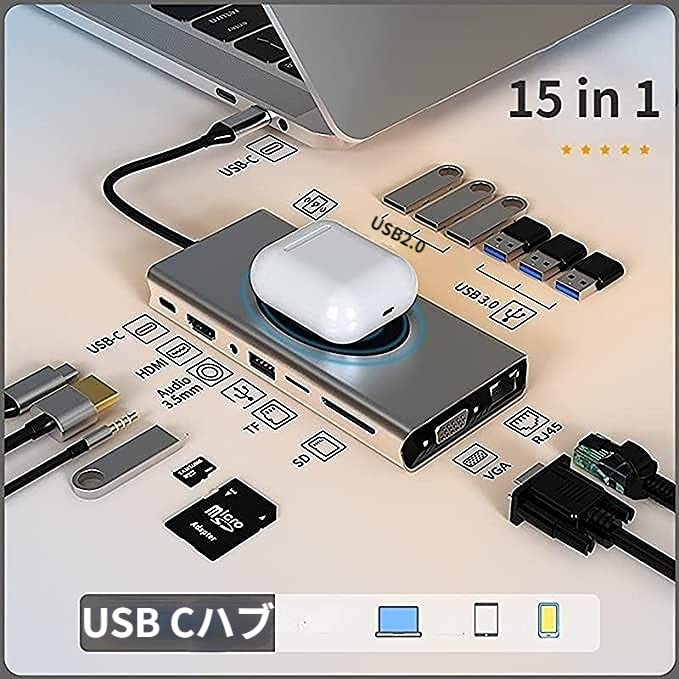Amazon | Honfomy USB Cハブ 15-in-1 ドッキングステーション