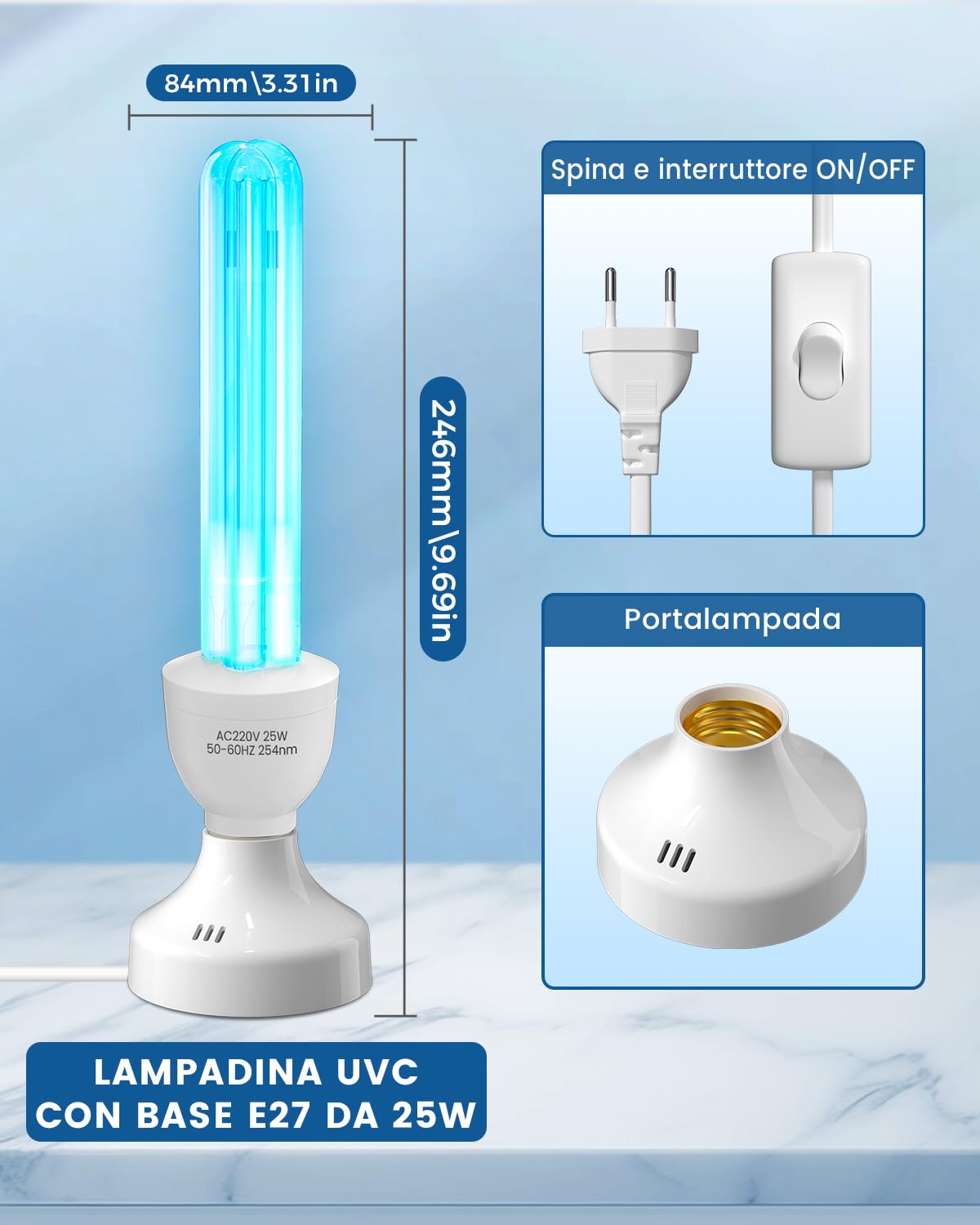 Lampada UV Ozono E27 25W con telecomando e timer, Lampada Germicida Raggi UVC 254nm con Tubo al Quarzo Brine Ozono Contro Batteri Virus e Acari per Case, Uffici, Ristoranti e Scuola