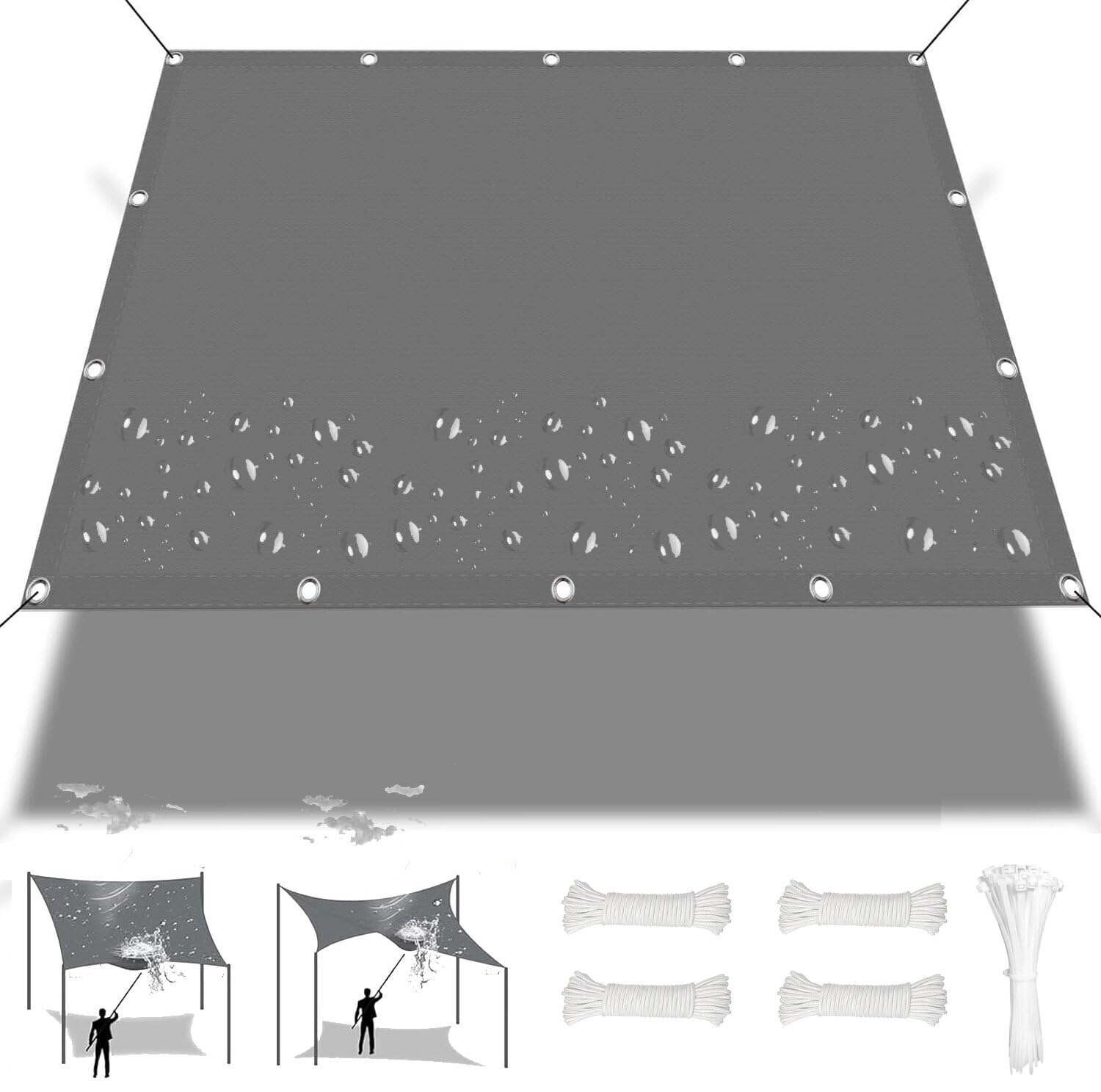 Toile D'ombrage Rectangulaire Imperméable 2.5x2.5m Voile Ombrage avec Oeillet Cordon Bâche Ombrage Polyester Protection UV Solaire pour Jardin Balcons Terrasse Pergola Gris foncé