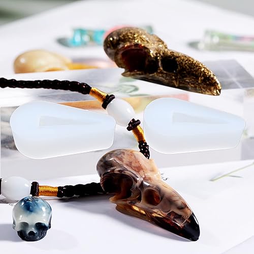 Miniatura 5 de Fdit Molde de silicona para calavera, colgante de calavera de cuervo, 2 piezas, estilo cuervo, Halloween, resina brillante, hongo, material