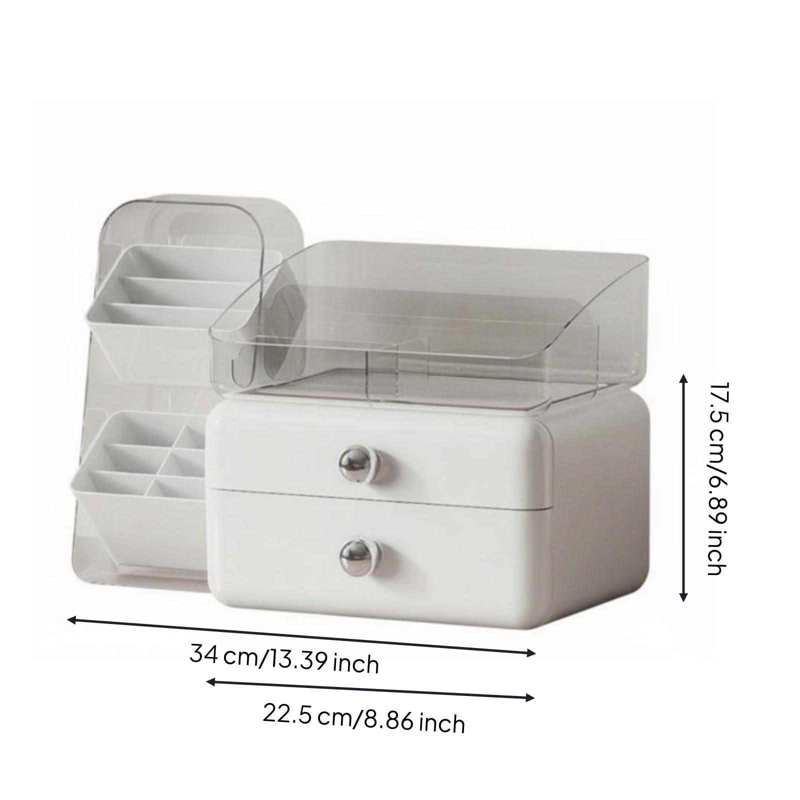 Cosmetic Organizer Organizzatore Trucco Cassettiera Porta Cosmetici Portapennelli con Cassetti E Vassoio Rimovibile in PET HIPS PP Adatto per Toeletta, Bianco