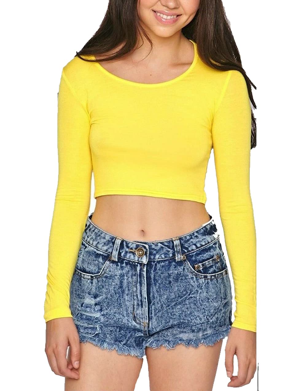 GOSTYLES® Womens Plain & Printed Long Sleeve Crop Top Shirts, Ladies Round Neck Cropped Short T-Shirt (Yellow, M-L)
