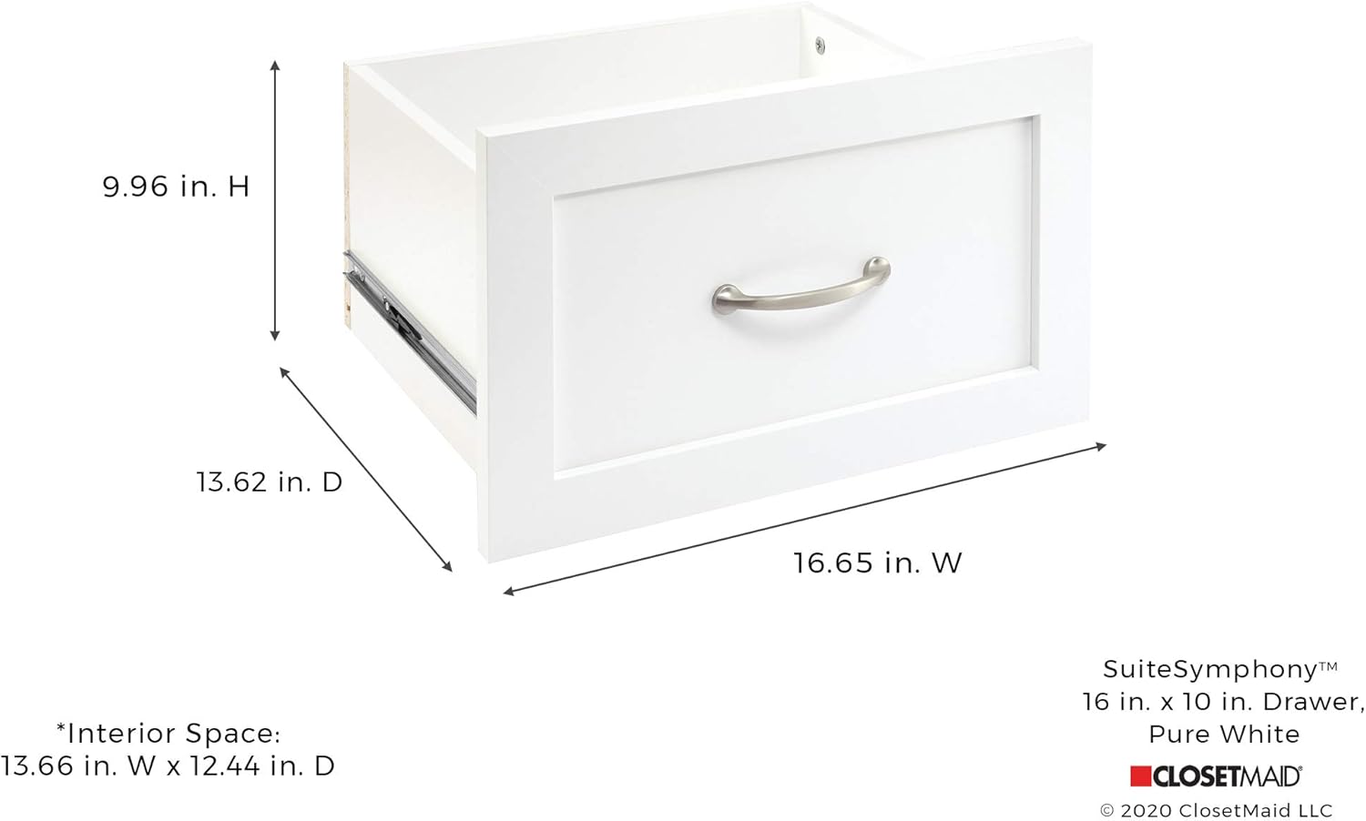 ClosetMaid SuiteSymphony Wood Closet Drawer, Add On Accessory, Shaker Style, For Storage, Closet, Clothes, 16.65” x 9.96” Size for 16 in. Units, Pure White