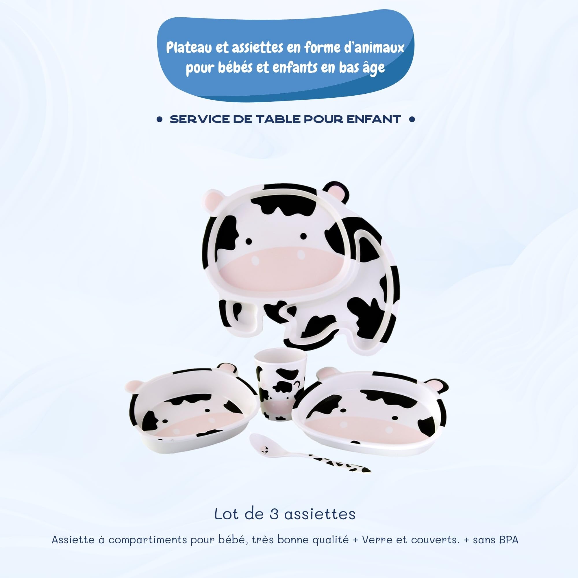 Assiette Bébé En Silicone Avec Ventouses - Forme Vache, 5 Compartiments - Antidérapante, Sans BPA - Résiste Micro-ondes Et Lave-vaisselle - 28x20 Cm