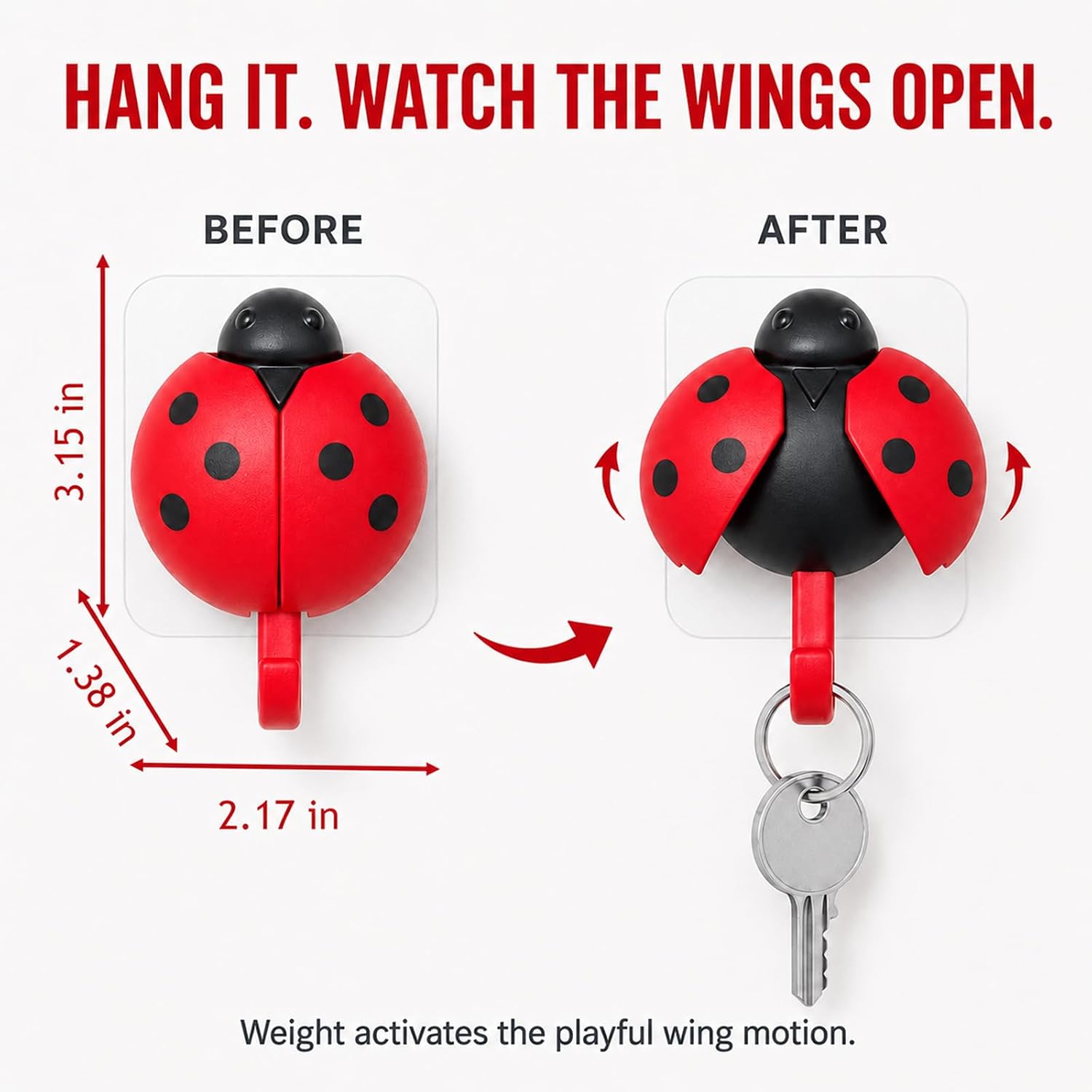 Cute Ladybug Wall Hooks with Gravity Opening Wings, Adhesive Key Holder