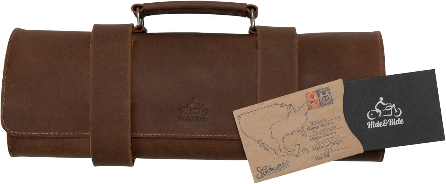 Hide & Ride, Motorcycle Tool Bag, Universal Saddlebag for Motorcycle, Fork Bag for Bikers, Full Grain Leather, Handmade, Bourbon Brown
