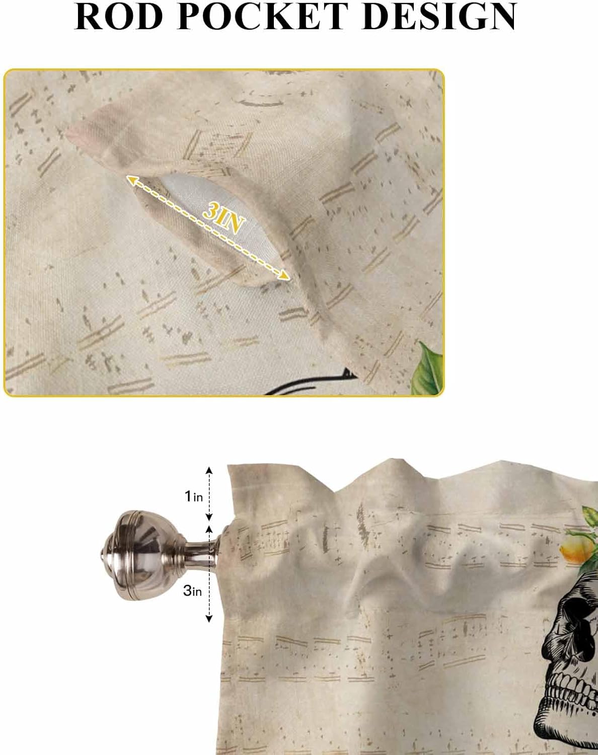 Kitchen Curtain 45 Inch Length, Vintage Skull Summer Lemon Watercolor Small Short Cafe Tiers Curtains Drape, 2 Panel Window Treatment Rod Pocket Drapery Panels Curtains 84x45