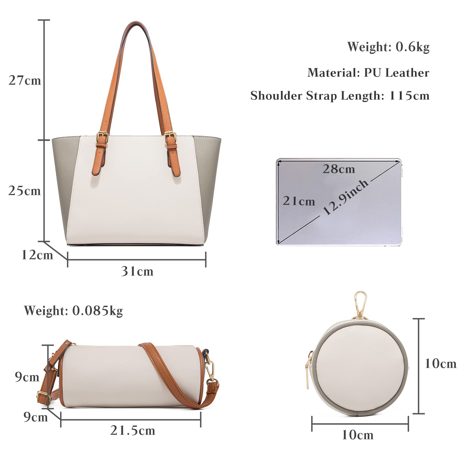 FANDARE Elegante Borsa da Donna Borsa a Mano Borsa a tracolla Spalla 3 pezzi Set Borse Tote da donna Pochette Portafoglio per Shopping Viaggio Partito Sacchetto Borsetta PU Pelle Nero