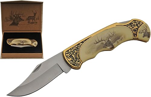 SZCO Supplies Cuchillo plegable con caja de regalo de ciervo, amarillo
