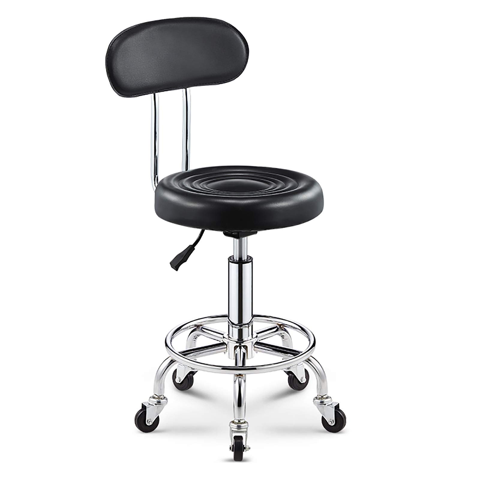 AYCDL PU Leather Round Rolling Stool with Foot Rest with Back,Height Adjustable Swivel Drafting Work SPA Task Chair with Wheels,Black