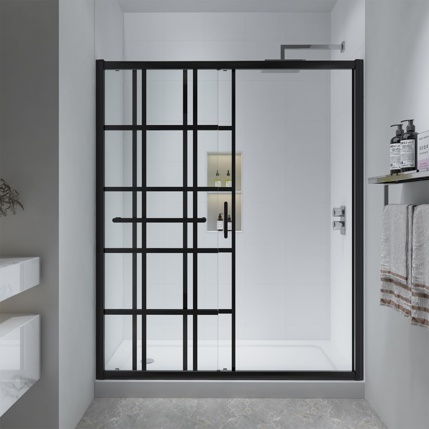 FELYL shower door installed in a bathroom, showing the sliding mechanism
