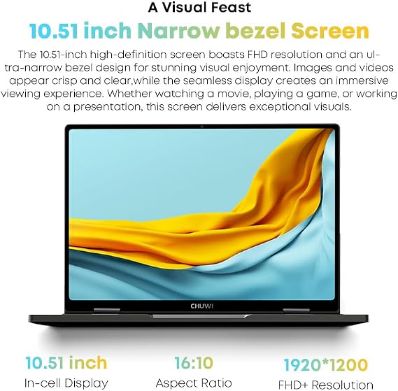 CHUWI 2 in 1 Laptop 10.51, Intel N150,16GB RAM 512GB SSD, Mini Laptop Windows 11, FHD 1920 * 1200 IPS Touchscreen, Backlit Keyboard, WiFi 6, BT5.2, Fan, Pocket PC for Work