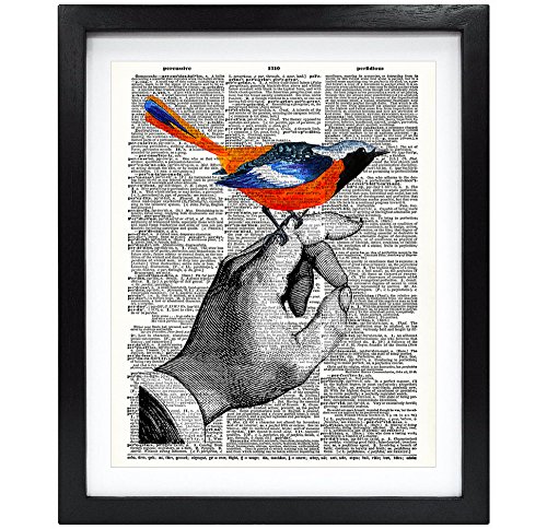 Susie Arts 8X10 Unframed Hand and Bird Upcycled Vintage Dictionary Art Print Book Art Print Home Decor Wall Art V065