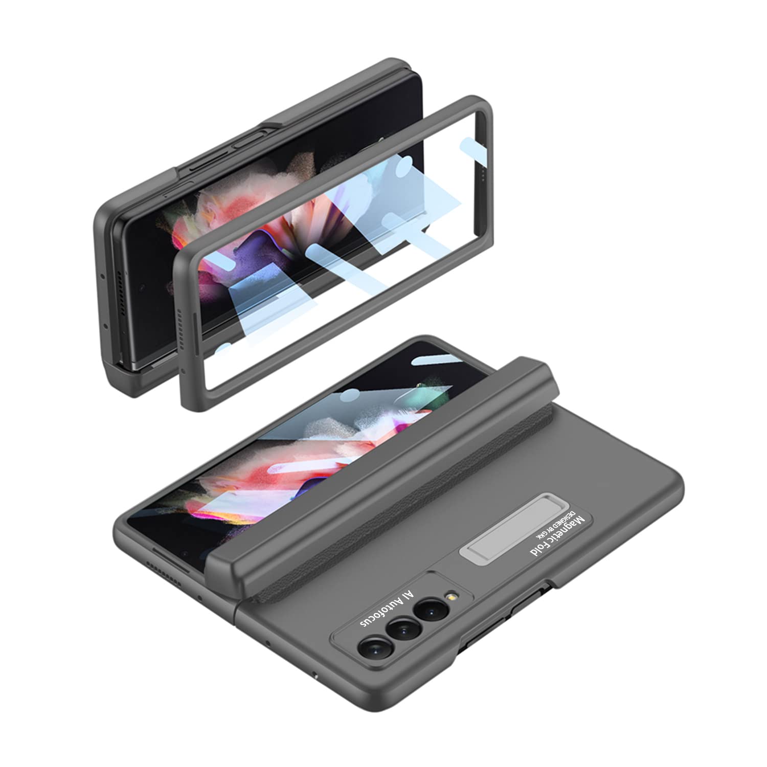 HiGoing for Samsung Galaxy Z Fold 3 5G Hinge Case, Ultra Thin PC 360 ° All-Inclusive Hinge Folding Magnetic Suction Bracket Cover with S Pen Box, Screen Protector (Gray)