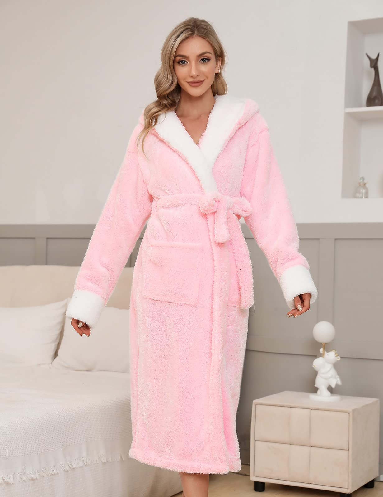 Voqeen Peignoir de Bain Femme Polaire à Capuche Robe de Chambre Peignoir en Peluche et Douillet pour Dames Super Doux En Polaire Idée Cadeau Femme, S-XL