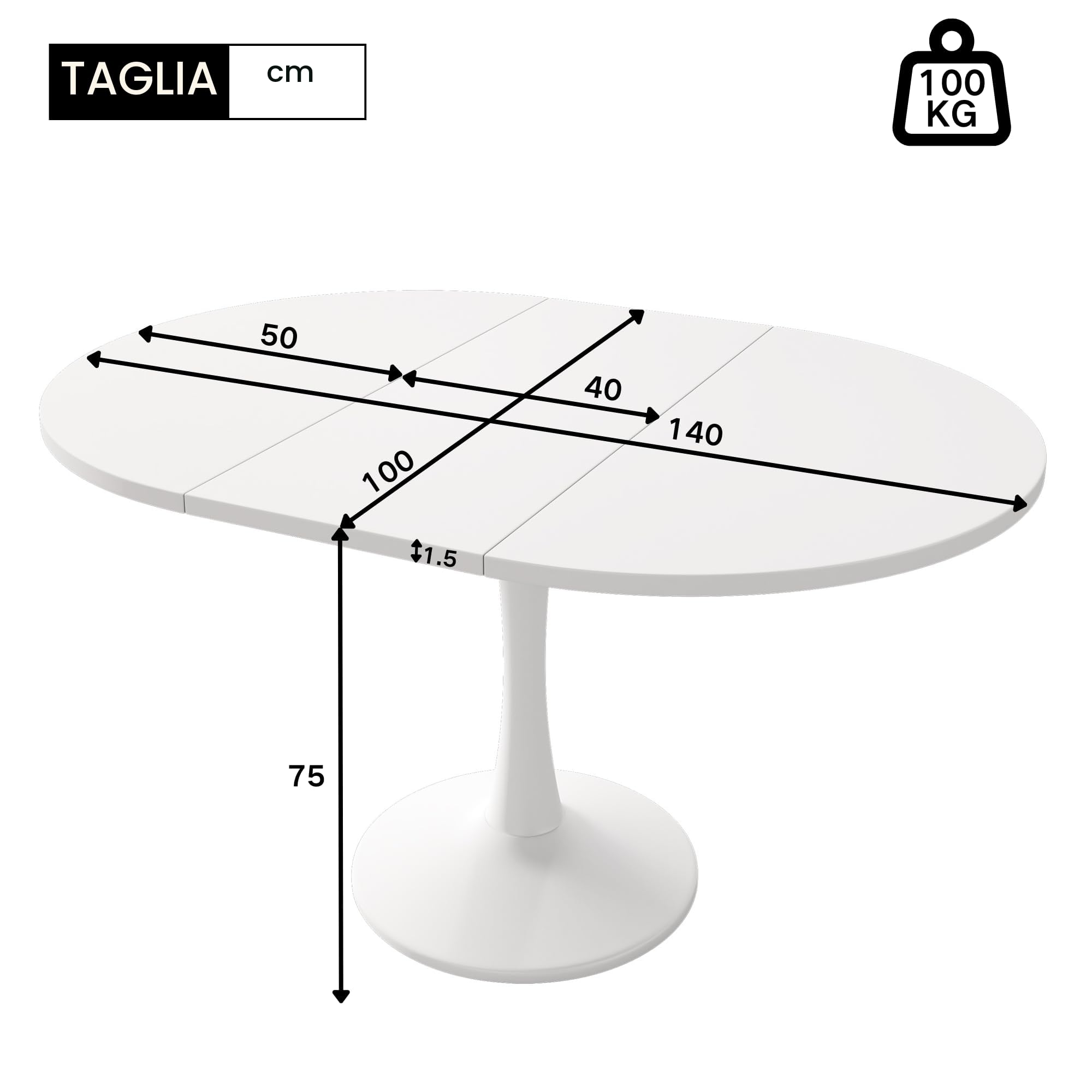 Tavolo da pranzo allungabile bianco, 100-140 cm, ovale/rotondo, per 2-8 persone, in legno, moderno tavolo da soggiorno e cucina, tavolo rotondo (A, bianco)