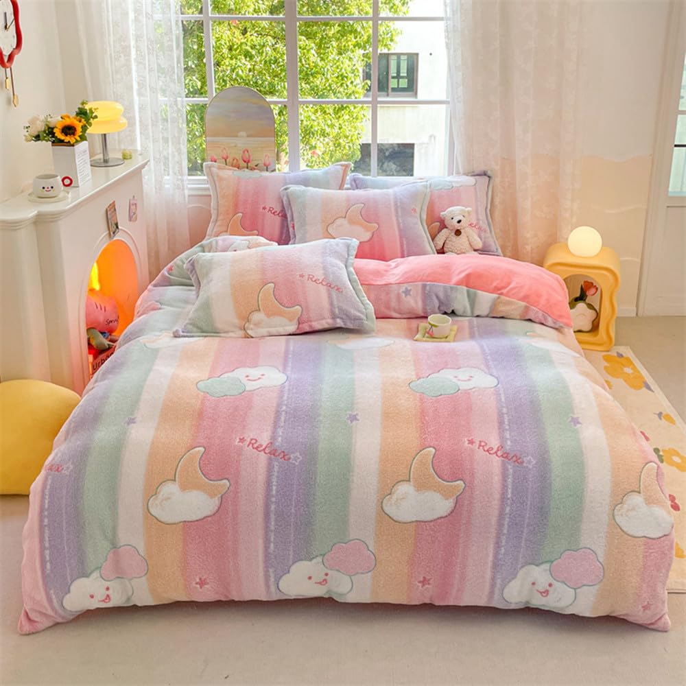 Rainbow Duvet Cover Set Fluffy Duvet Cover Kawaii Cartoon Comforter Cover  Soft Kids Duvet Cover Twin Size Bedding Set(Rainbow,Twin)