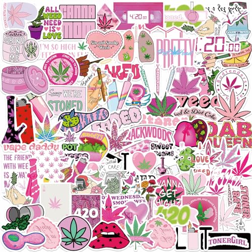 100PCS Pink Weed Stickers for Adults, Kawaii Marijuana Stickers,Cute Weed Sticker for...