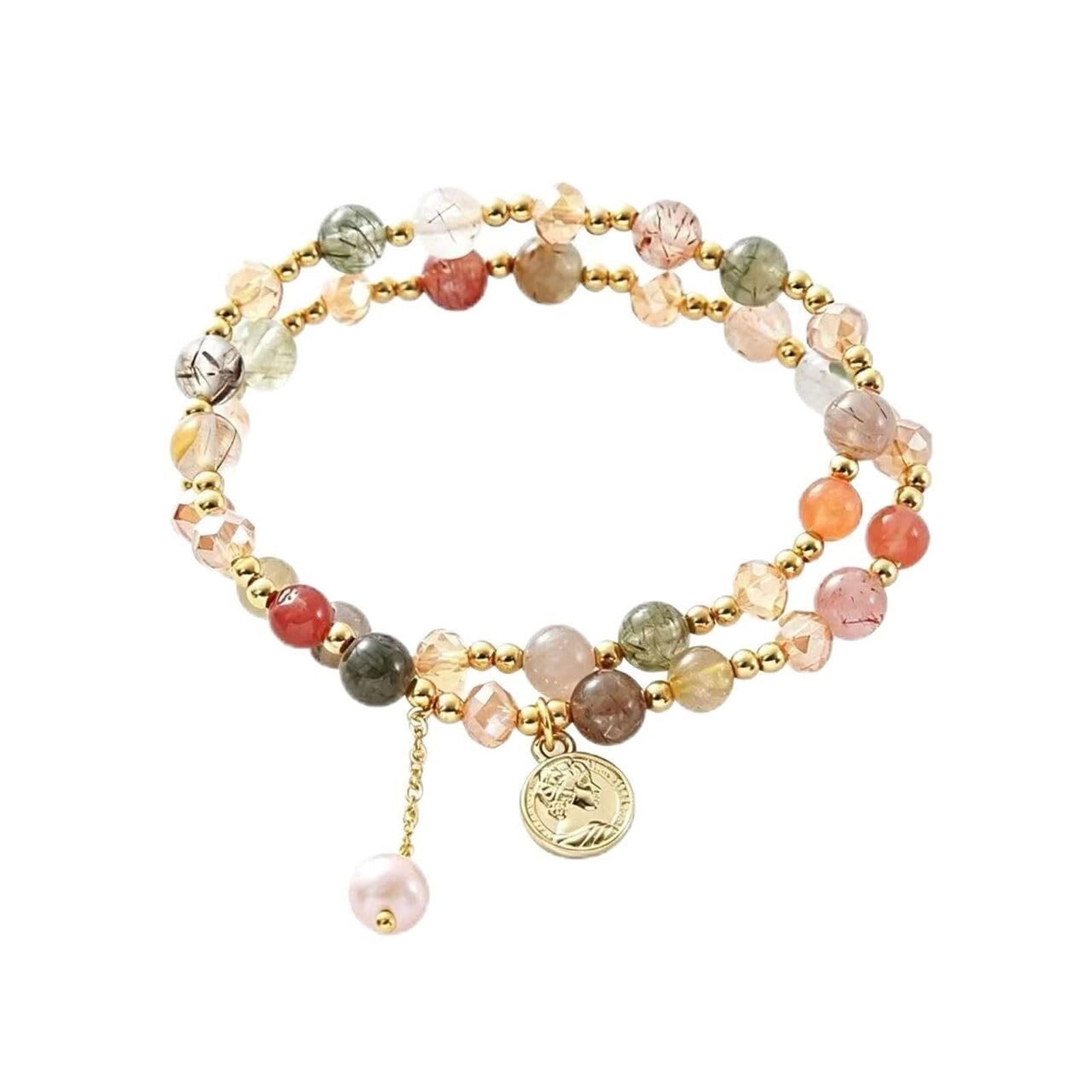 YDYDTTKD Bracciale da Donna con Perline di Quarzo rutilato in Pietra Naturale, Braccialetto colorato in Elasticizzato a Doppio Strato con Ciondolo Perla e Moneta