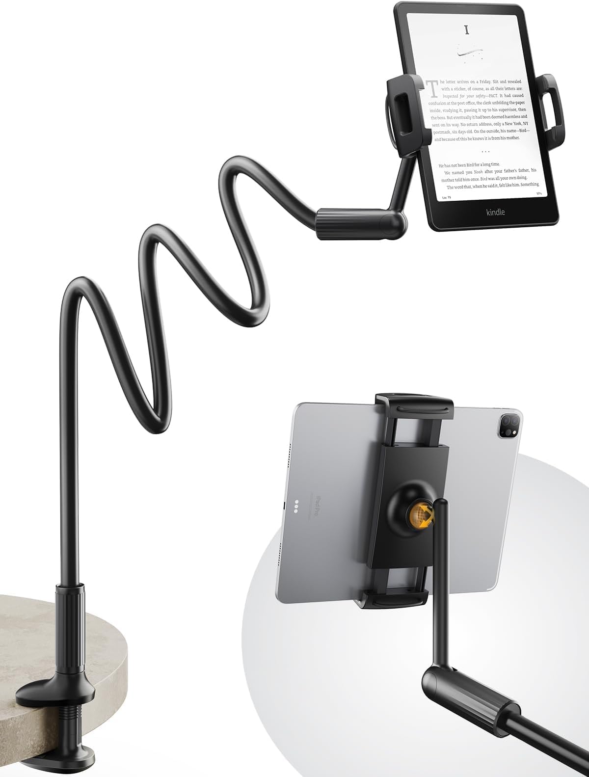 SAIJI 47" Gooseneck Kindle Holder, Tablet Holder for Bed with Upgraded Base, iPad Stand with Flexible Lazy Arm, Compatible with iPad mini Pro Air, Kindle, Galaxy or Other 4.7-11" Device (Black)