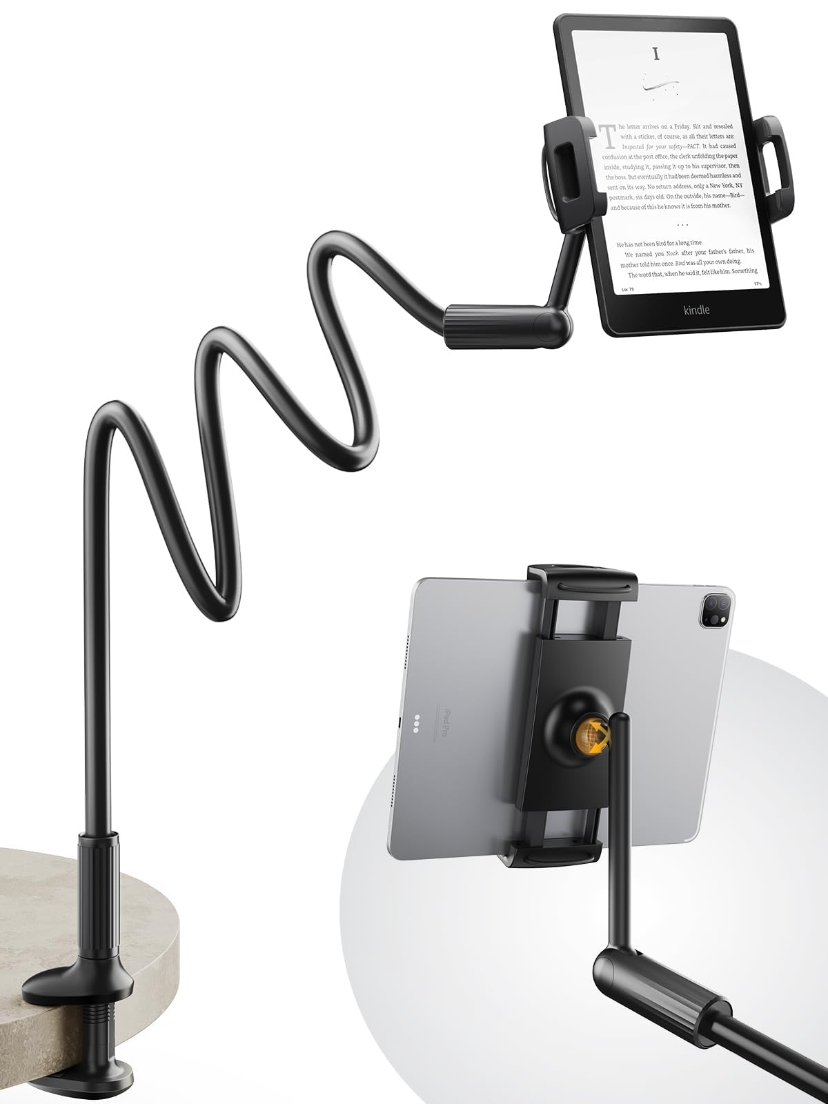 SAIJI 47" Gooseneck Kindle Holder, Tablet Holder for Bed with Upgraded Base, iPad Stand with Flexible Lazy Arm, Compatible with iPad mini Pro Air, Kindle, Galaxy or Other 4.7-11" Device (Black)
