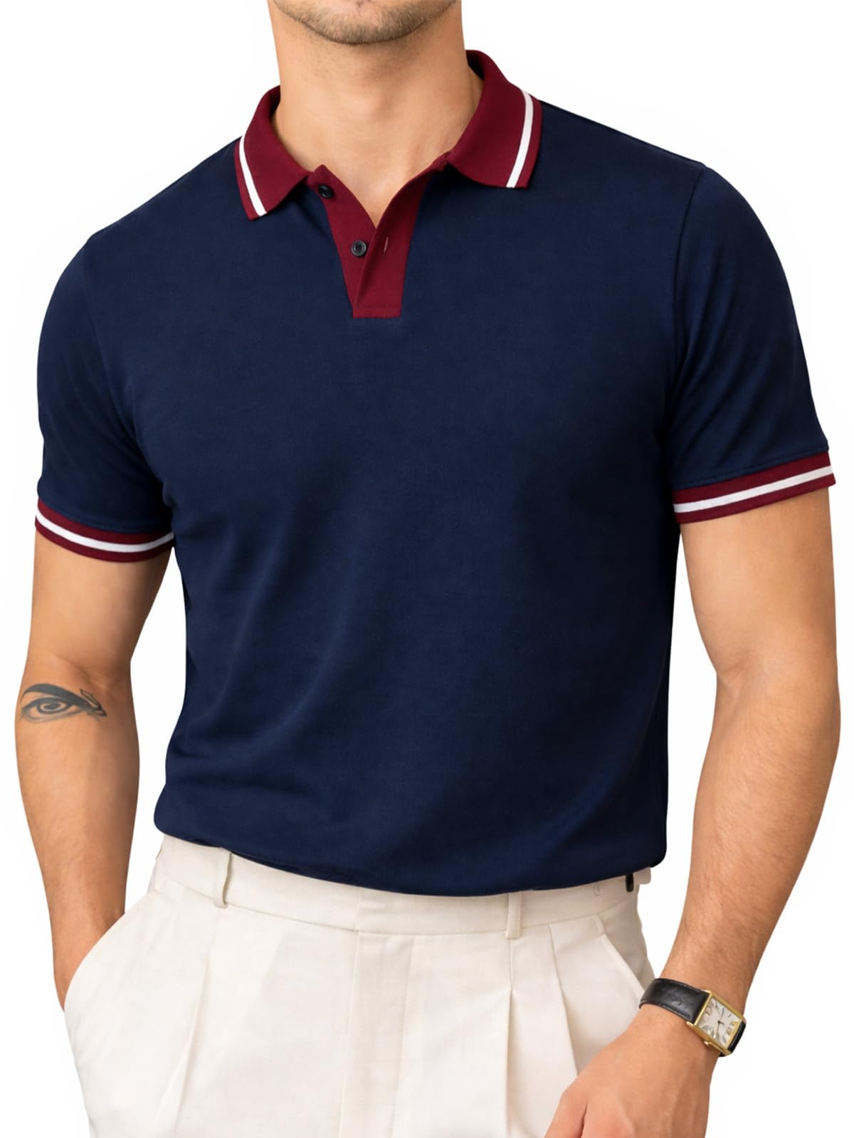 Men’s Polo T-Shirt Regular Fit with Contrast Pattern & Striped Trim on Collar and Half Sleeves, Stylish Solid Casual, Weekend & Outdoor Wear (Sizes S to 2XL)-image-19