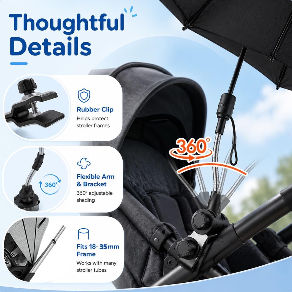 Ombrelle Poussette Universelle, Parasol Poussette Protection UV 50+, Diamètre 95cm, pour Tubes Ronds et Ovales, Noir