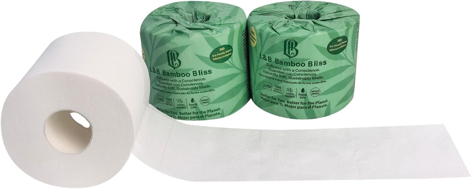 L&B Bamboo Bliss Toilet Paper, 3-Ply, 6 Mega Rolls = 15 Regular Rolls, 380 Sheets per Roll, Septic Safe, Sustainable Bamboo Tissue image 2
