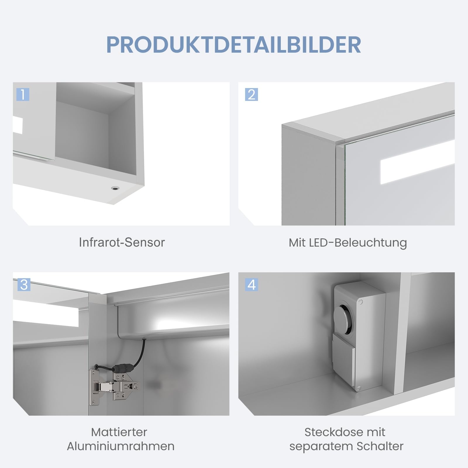 AQUABATOS Spiegelschrank Bad mit Beleuchtung und Steckdose 70 cm breit 60 cm höhe Aluminium Schrank Badspiegel Links offenen Fächern rechts LED Badschrank Infrarot Sensor Antibeschlag dimmbar