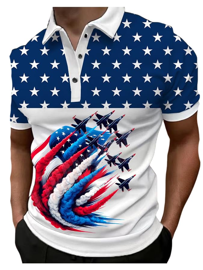 Men's American Flag Jet Fighter Printed Polo Shirt Patriotic Shirt