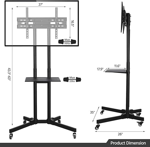 Miniatura 5 de Yaheetech Soporte de TV móvil con ruedas para televisores LCD LED de 32 a 75 pulgadas, carrito de TV con ruedas de altura ajustable con capacidad