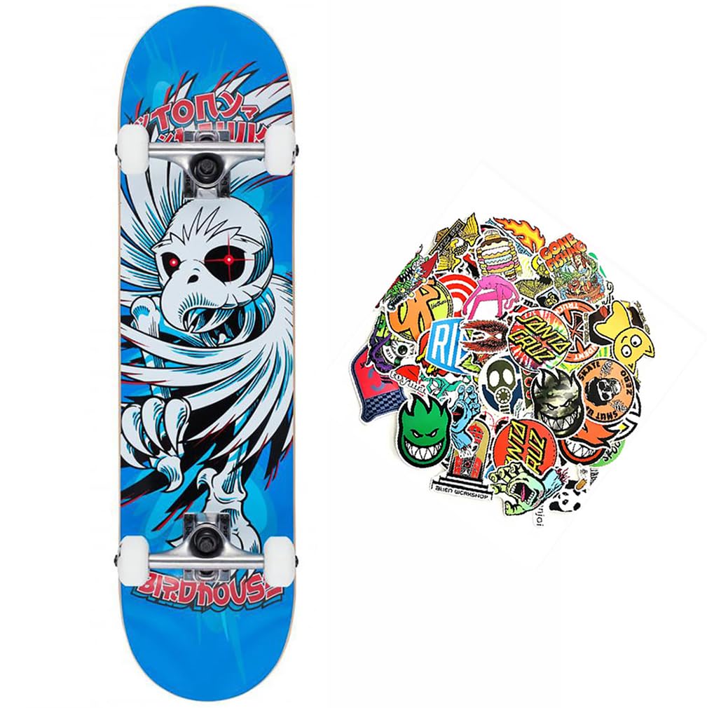 Skateboard professionnel BIRDHOUSE x Tony Hawk Entry Level Stage 1 – Excellente performance à tous les niveaux (bleu spiral, 7,75")