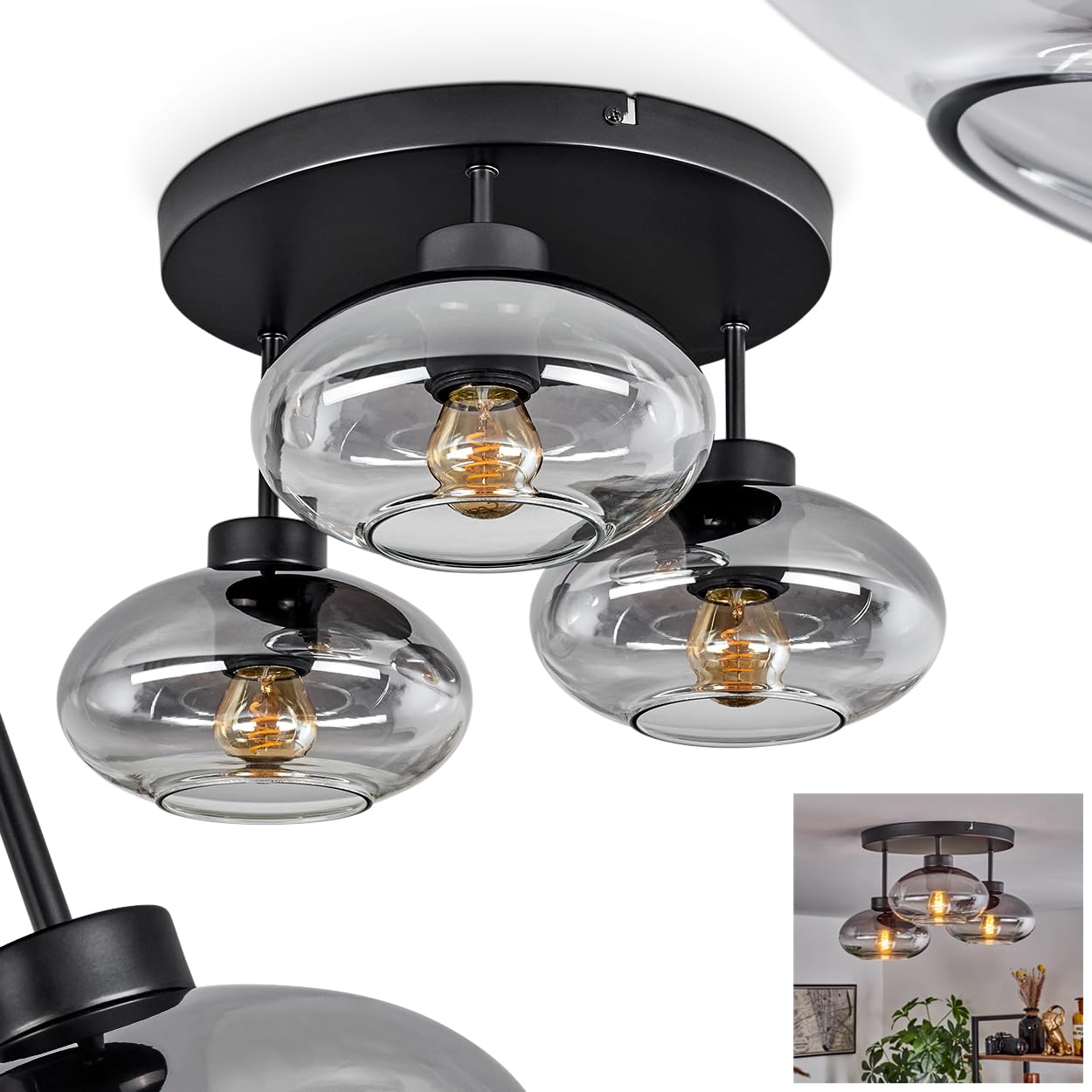 Haikala Ceiling Light, Modern Ceiling lamp Made of Metal/Glass in Black/Smoke, Retro/Vintage Design with lampshades Made of Smoked Glass (Ø 18,5 cm), 3-Flame, 3 x E27, Bulbs not Included
