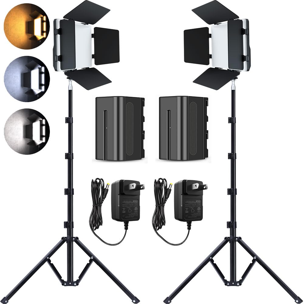 Pixel 2-Pack Panel Video Light Tripod Kit, with 62" Stand an NP-F750 4400mAh Battery Photography Lighting Bi-Color Dimmable 2500-6500K Led Camera Studio Streaming Lights Photo Shootingin