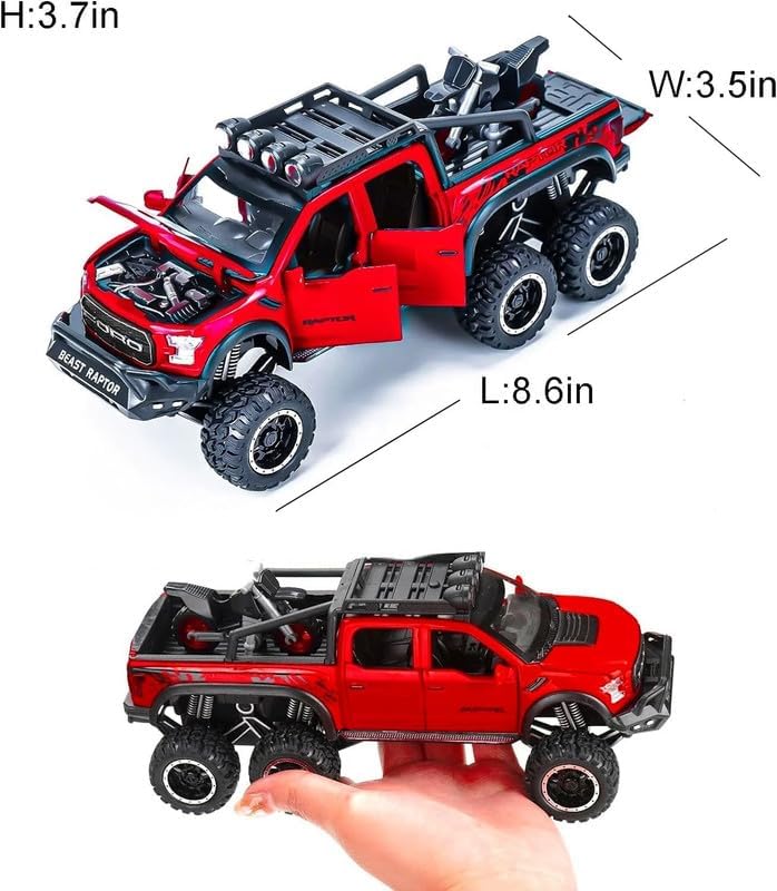 Image of Kids Model 1:24 Raptor F150 Die Cast Metal Car Pull Back Action Opening Doors with Realistic Engine Sound Lights Toy Car Gift for Boys - Red