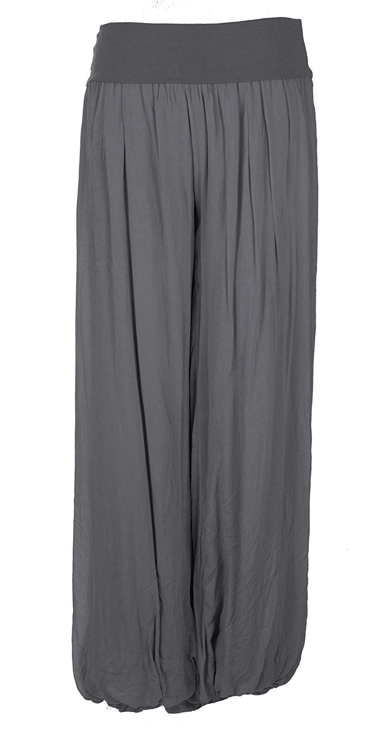 Women's Dark Grey Italian Lagenlook Quirky Layering Plain Silk Flap Waist Puffball Style Harem Trouser Leggings Joggers Pants Loose Baggy One Size Plus Uk 12-22 (One Size Plus, )