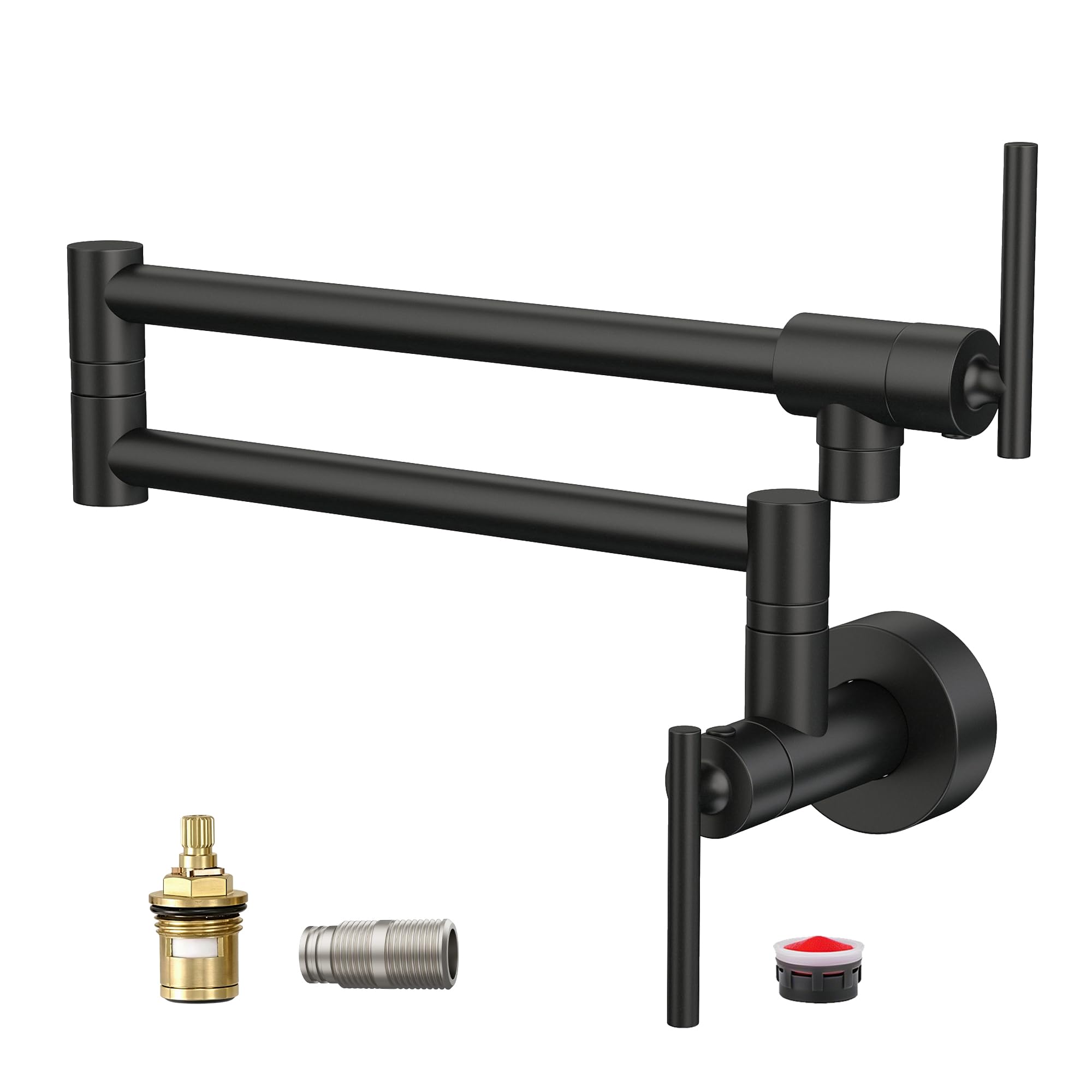 Llenador de ollas negro mate grifo de cocina de pared plegable latón de dos asas