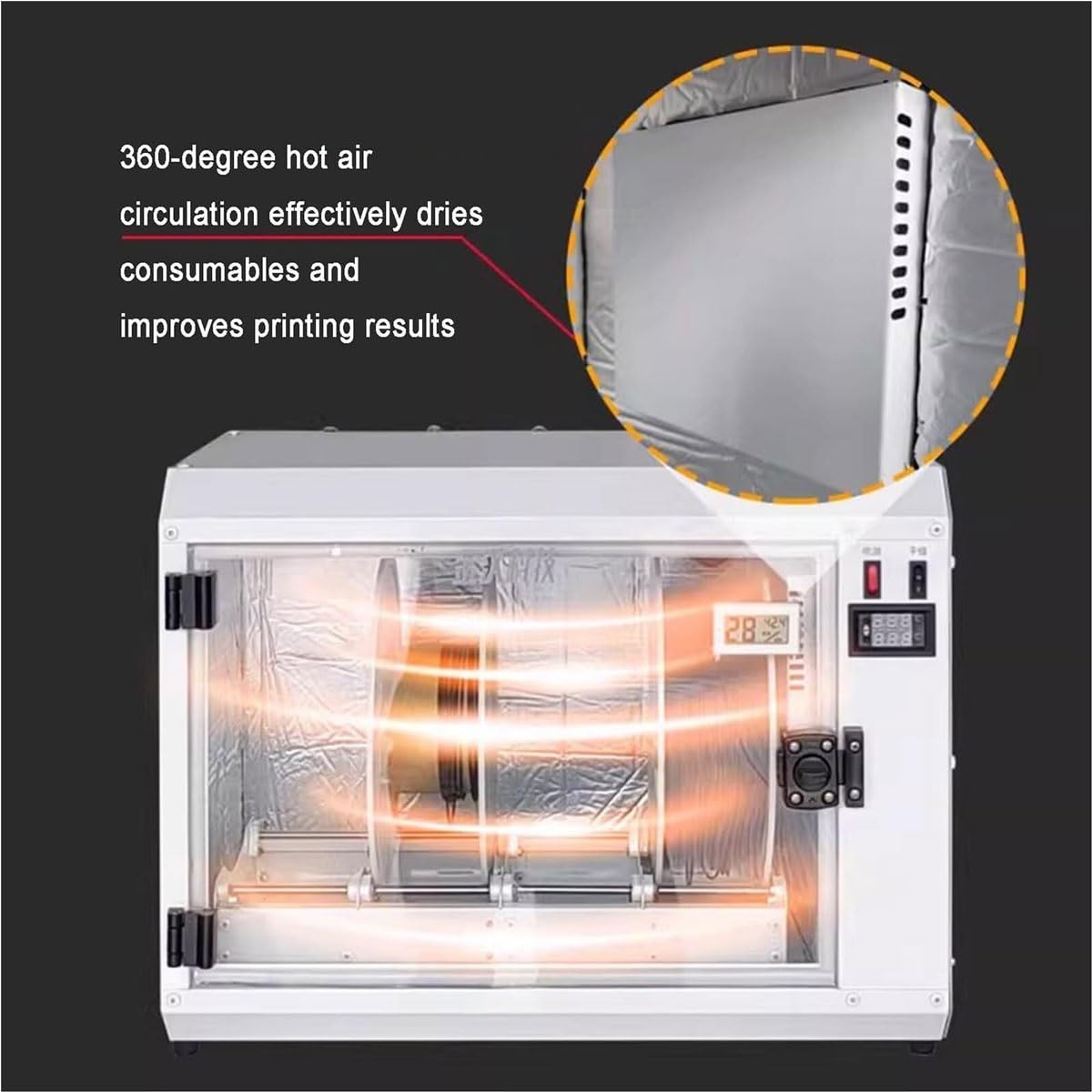 Scatola essiccatrice per filamento per stampante 3D per 4 bobine, essiccatore con termometro e igrometro, ventola e supporto per filamento PETG ABS.
