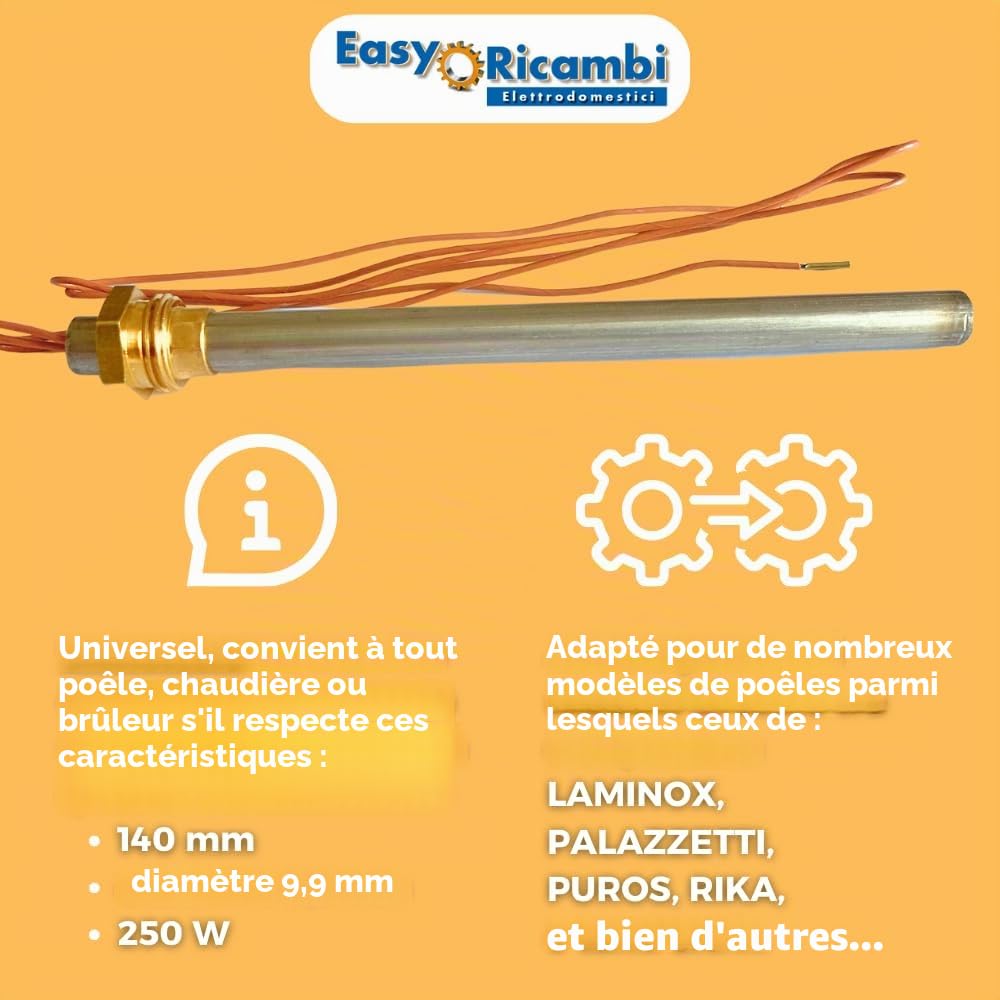 Easyricambi - Résistance pour poêle à granulés 250 W, 150 mm, 140 mm, diamètre 9,9 mm, Filetage 3/8", pour Laminox, Palazzetti, Puros, Rika