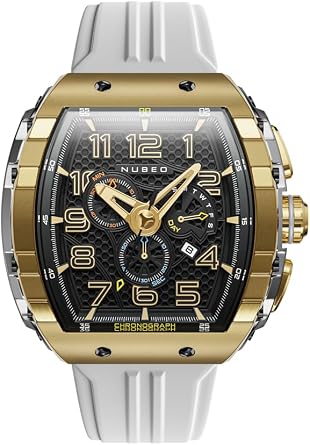 Nubeo Men's 49mm Magellan Retrograde Krongraph Watch with Rubber Strap NB-6088, white gold, Mageran Retrograde Logo