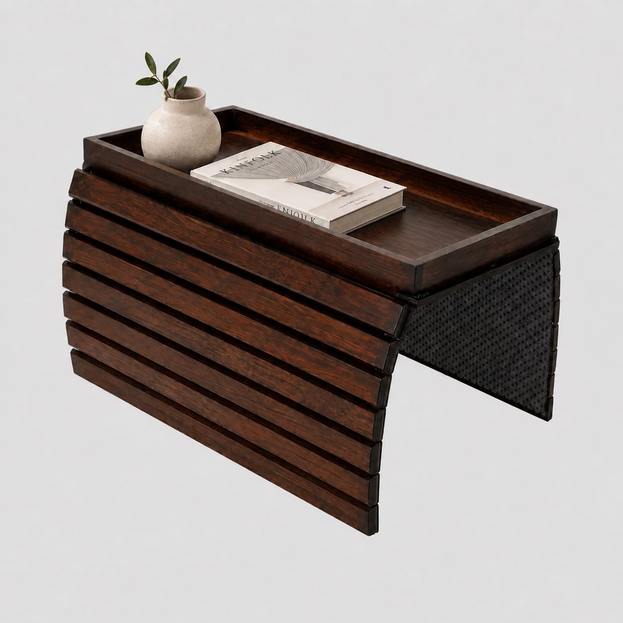 Bamboo Sofa Arm Tray Table with Walnut Finish, Non-Slip Foldable Couch Armrest Tray for Drinks, Phone & Remote