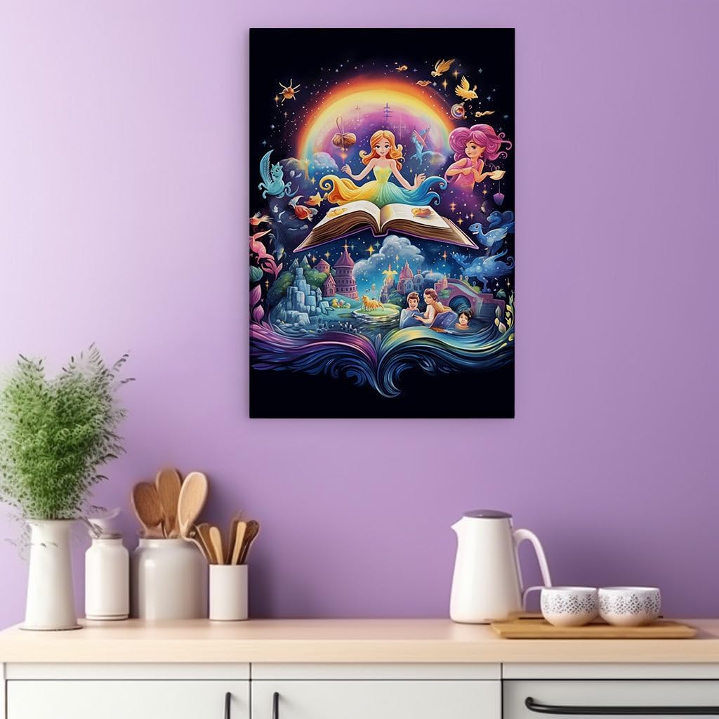 Canvas for Living room. Whimsical Dreamscapes The Girl, The Book, and Magical Nighttime Companions, 27 x 18 inch Canvas Wall Art - Vibrant Pops Of Color - Inspirational Office Decor