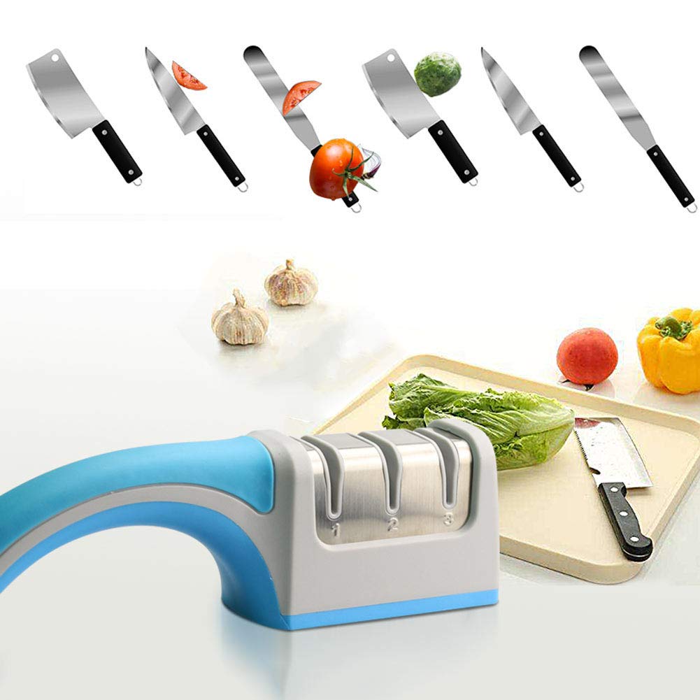 DUYER Affilacoltelli da Cucina, Temperamatite Manuale A 3 Stadi Resistente all'Usura Risparmia Sforzo Antiscivolo Design Dell'Impugnatura di Facile Presa Ergonomico Blue