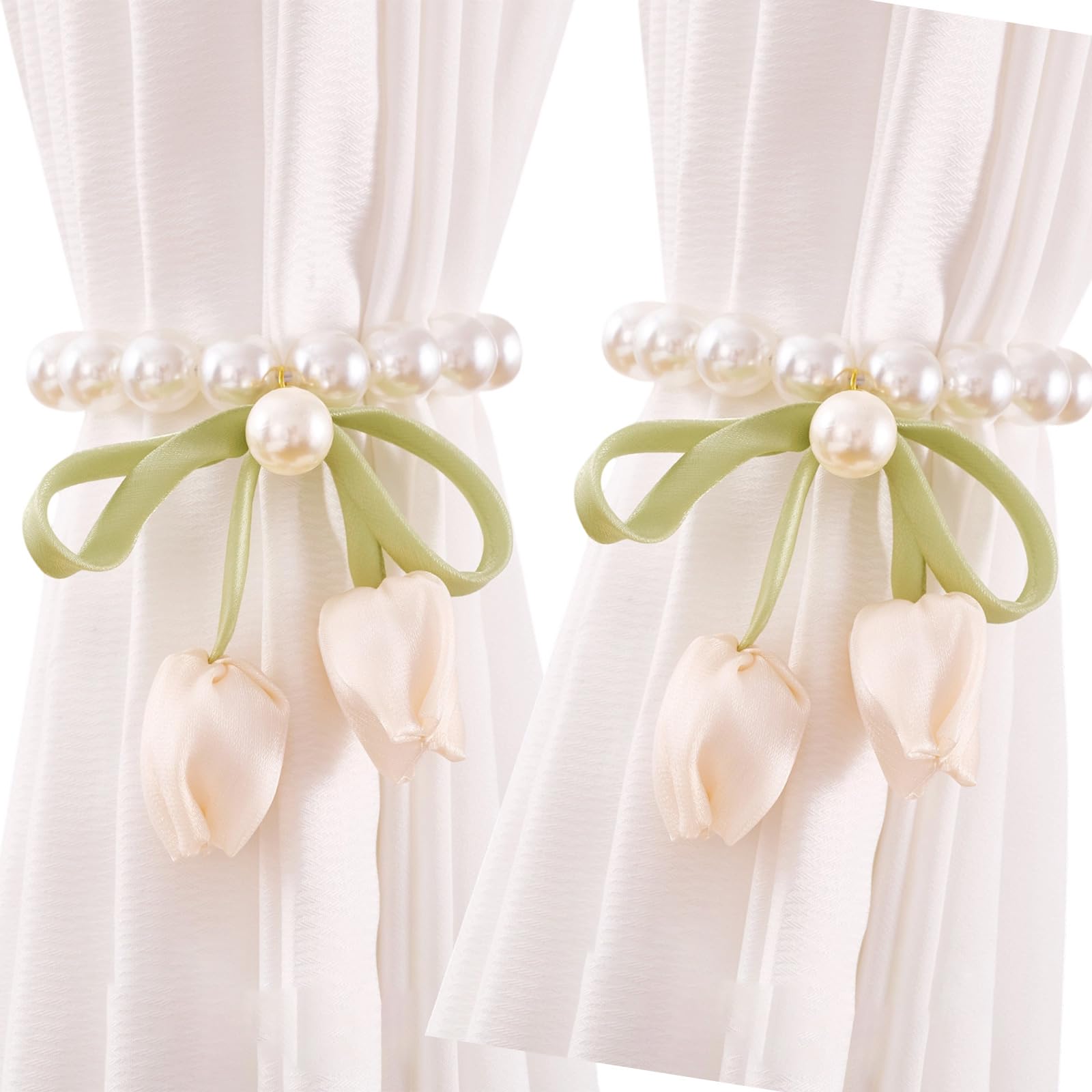 carotoe 2Pcs Curtain Tiebacks with Tulips Bowknot Pearls Beads Drapery Holders Ties Buckles for Interior Styling Decors Pearls Tulips Curtain Tieback