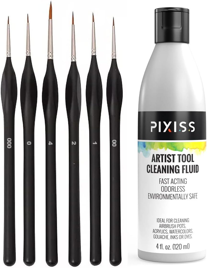 Pixiss Paint Brush Cleaner and Restorer, 4 Ounce Bottle - Small Paint Miniature Brushes Fine Tip 6pc Paintbrushes Set for Model Craft Warhammer Airplane Kits Micro Detail Hobby Painting