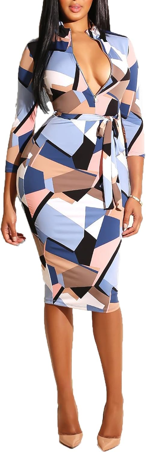 ECHOINE Women Sexy Floral Print V Neck Long Sleeve Front Zipper Stretchy Pencil Midi Bodycon Dress Office Work with Belt
