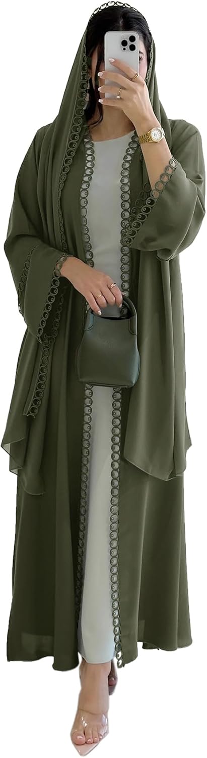 Open Abaya Set With Lace Trim & Chiffon Headscarf – Lightweight, Modest & Breathable For Spring/Summer Open Abaya Set With Lace Trim & Chiffon Headscarf – Lightweight, Modest & Breathable For Spring/Summer