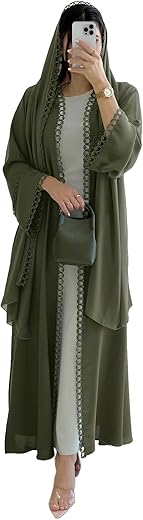 Lightweight Lace Trim Open Abaya Set with Chiffon Hijab