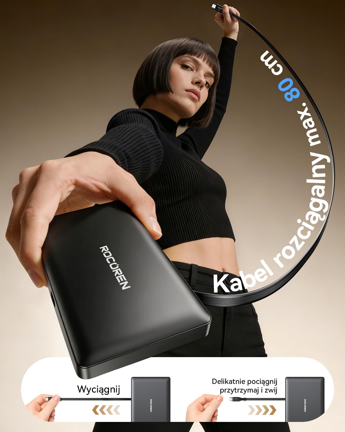 Rocoren Ładowarka USB C 8 w 1, z wysuwanym kablem, stacja ładująca USB GaN z wieloma urządzeniami, kompatybilna z laptopami, MacBookiem, iPadem, iPhonem, Samsung i innymi